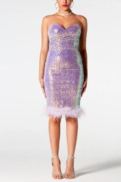 Sexy Slight Stretch Sequin Decor Padded Tube Design Feather Hem Midi Dress Wholesale Sexy Dresses