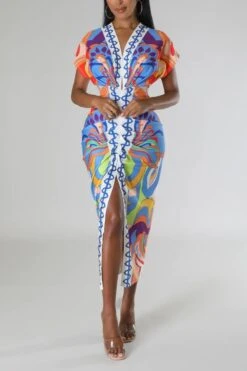 Sexy Plus Size Non-stretch Multicolor Printing Deep V Slit Pleated Midi Dress Wholesale Sexy Dresses