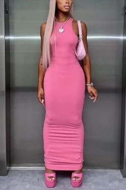 Sexy Slight Stretch Solid Color Crew Neck Sleeveless Slim Maxi Dress Wholesale