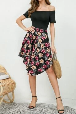 Stylish Plus Size Floral Printing Off Shoulder Irregular Midi Dress Wholesale Casual Dresses