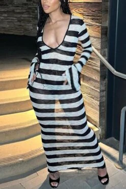 Sexy Slight stretch Striped Print Deep V Backless Bell Sleeve Maxi Dress Wholesale Maxi&Gown