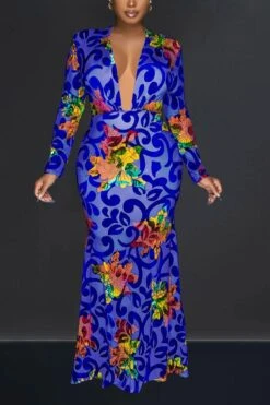 Sexy Plus-size High Stretch Flower Batch Printing With Shoulder Pads Maxi Dress Wholesale Maxi&Gown