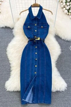 Sexy Non-stretch Halter Neck Button Belt Slim Backless Midi Denim Dress Wholesale Sexy Dresses
