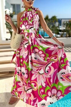 Bohemian Slight Stretch Batch Printing With Belt Beach Maxi Dress Wholesale