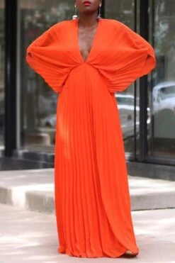 Sexy Plus Size Non-stretch Solid Color Deep V-neck Pleated Maxi Dress Wholesale Maxi&Gown