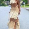 Sexy Slight Stretch Ribbed Knit Contrast Color Halter-neck Slit Maxi Dress Wholesale