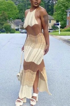 Sexy Slight Stretch Ribbed Knit Contrast Color Halter-neck Slit Maxi Dress Wholesale