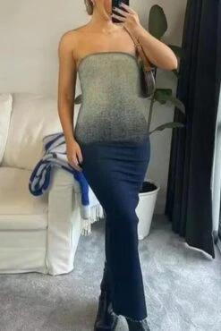 Sexy Non-stretch Denim Gradient Color Tube Design Slit Maxi Dress Size Run Small Wholesale Sexy Dresses