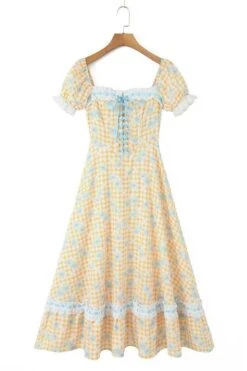 Casual Non-stretch Lattice Flower Printing Square Neck Midi Dress Size Run Small Wholesale Floral Dresses