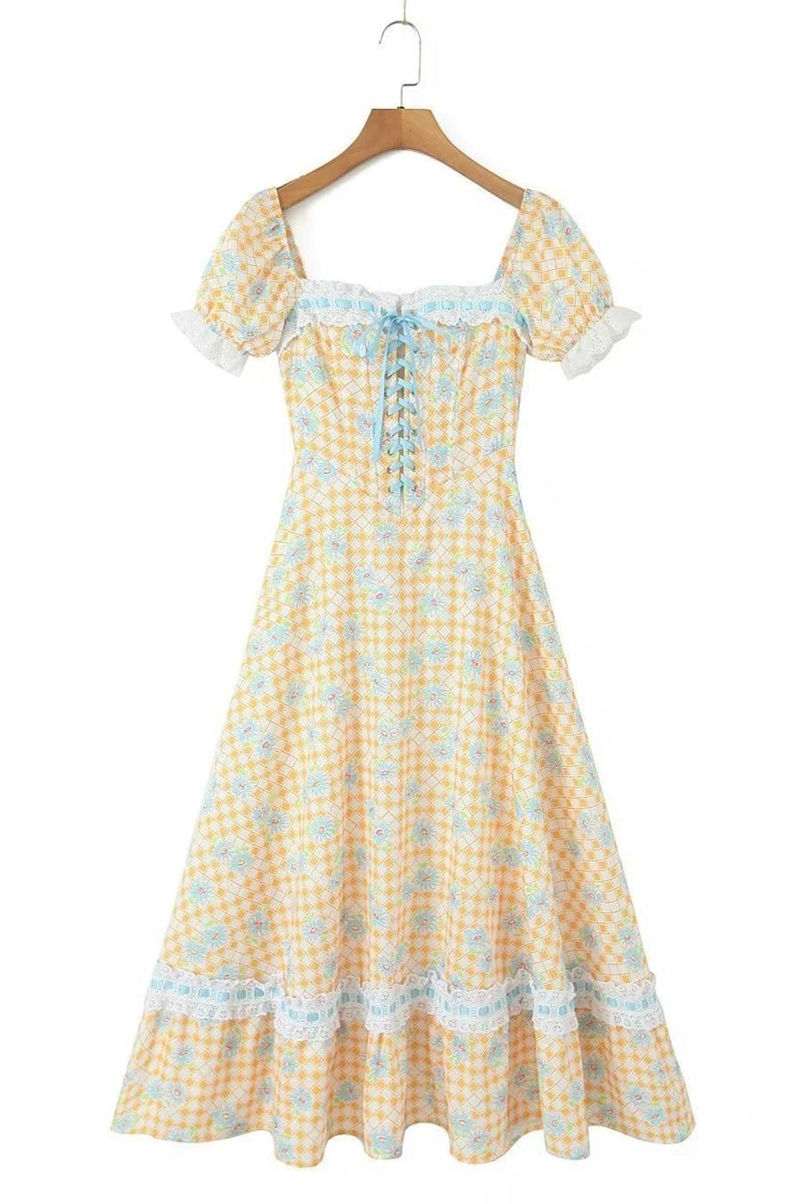 Casual Non-stretch Lattice Flower Printing Square Neck Midi Dress Size Run Small Wholesale Floral Dresses