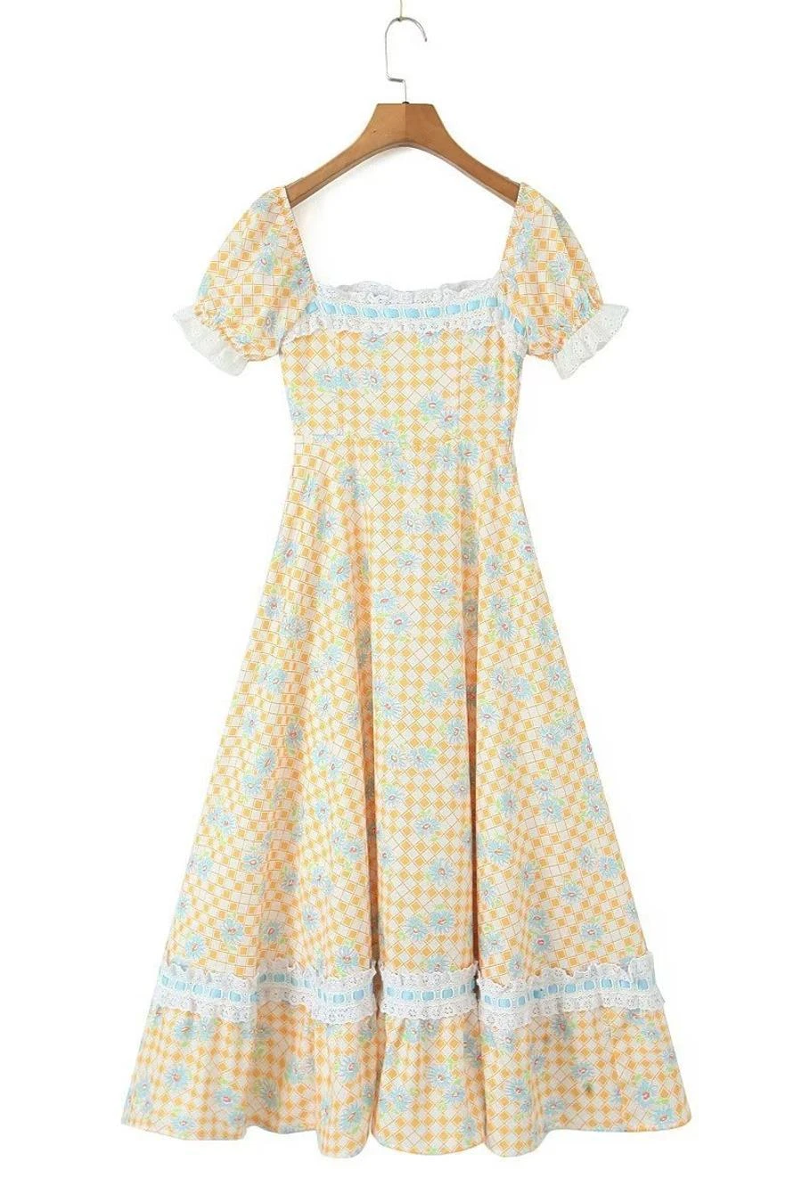 Casual Non-stretch Lattice Flower Printing Square Neck Midi Dress Size Run Small Wholesale Floral Dresses - Image 2