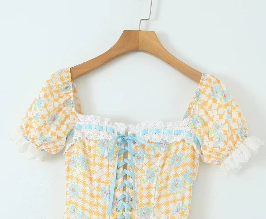 Casual Non-stretch Lattice Flower Printing Square Neck Midi Dress Size Run Small Wholesale Floral Dresses - Image 3