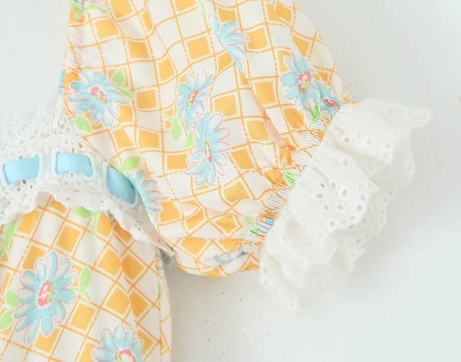 Casual Non-stretch Lattice Flower Printing Square Neck Midi Dress Size Run Small Wholesale Floral Dresses - Image 5