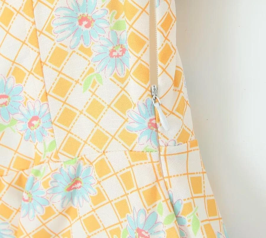 Casual Non-stretch Lattice Flower Printing Square Neck Midi Dress Size Run Small Wholesale Floral Dresses - Image 6