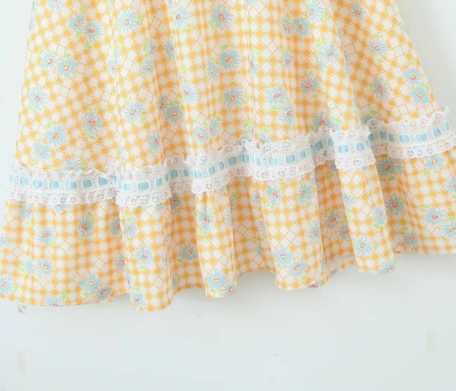 Casual Non-stretch Lattice Flower Printing Square Neck Midi Dress Size Run Small Wholesale Floral Dresses - Image 7