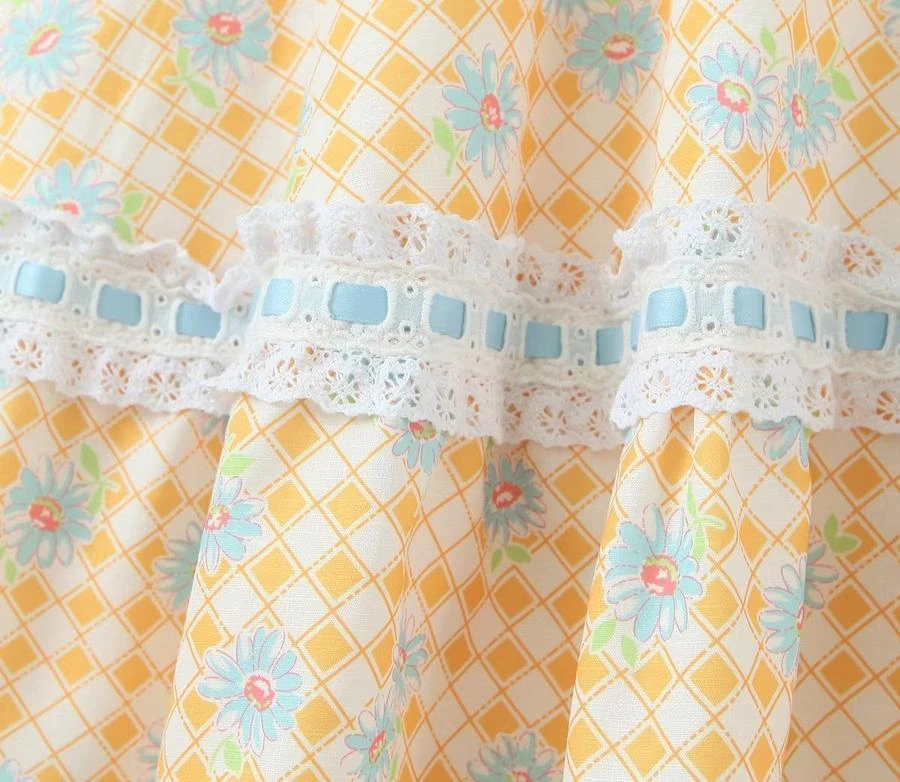 Casual Non-stretch Lattice Flower Printing Square Neck Midi Dress Size Run Small Wholesale Floral Dresses - Image 8