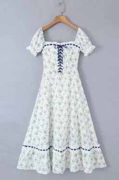 Casual Non-stretch Flower Batch Printing Square Neck Midi Dress Size Run Small Wholesale