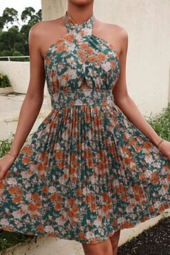 Sexy Non-stretch Rose Batch Printing Halter-neck Midi Dress Wholesale Floral Dresses