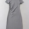 Casual Slight Stretch Solid Color Crew Neck Shirring Midi Dress Size Run Small Wholesale