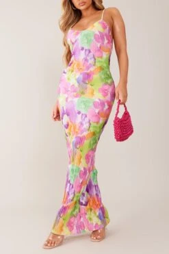 Sexy Slight stretch Sling Backless Tie-dye Printing Pleated Maxi Dress Wholesale