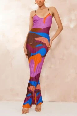 Sexy Slight stretch Sling Backless Contrast Color Printing Pleated Maxi Dress Wholesale