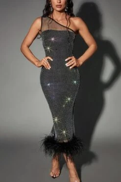 Sexy Plus-size Slight Stretch Rhinestone Mesh One Shoulder Fuzzy Slit Midi Dress Wholesale