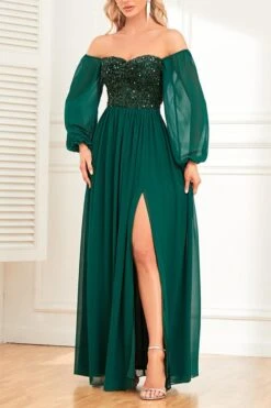 Elegant Non-stretch Chiffon Sequins Splicing Zip-up Slit Maxi Evening Dress Wholesale