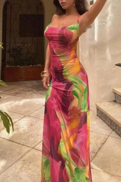 Sexy Slight Stretch Batch Printing Backless Sling Maxi Dress Wholesale Sexy Dresses