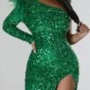 Sexy Plus Size Slight Stretch Sequin Feather Decor One Shoulder Slit Mini Dress Wholesale