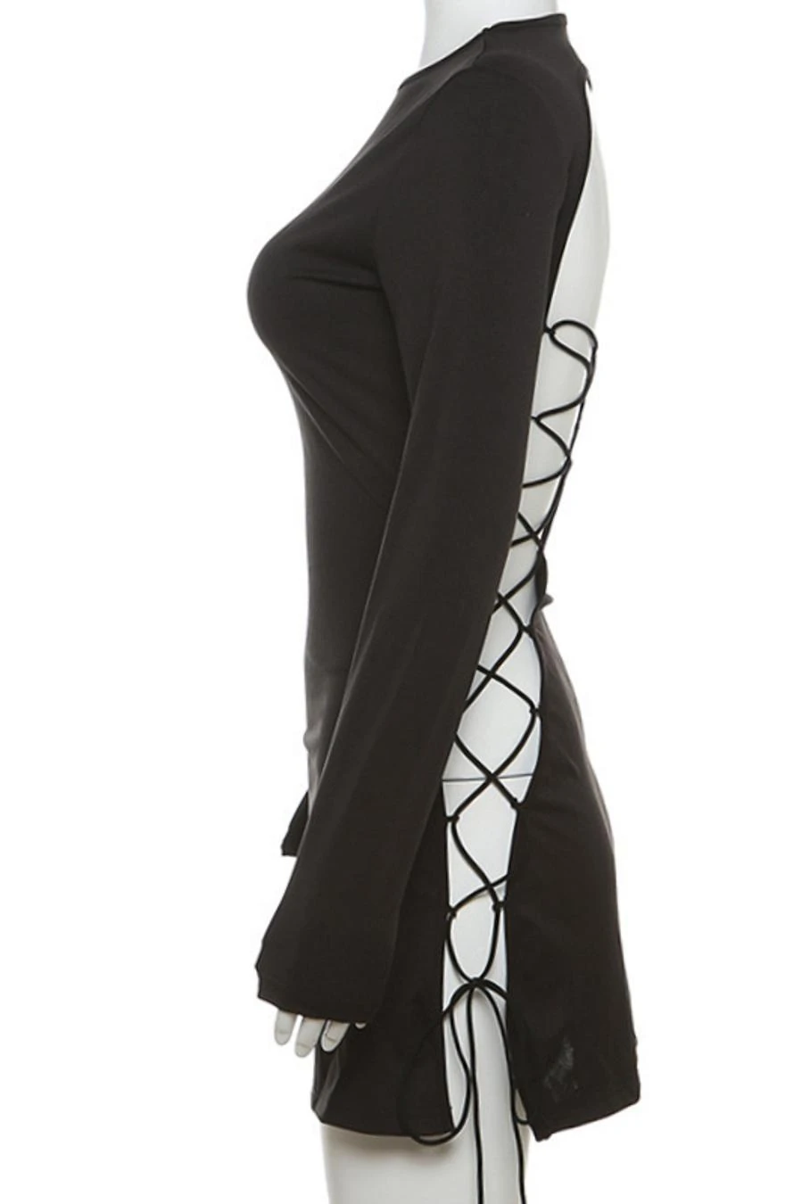 Sexy Slight Stretch Pure Color Hollow Lace-up Mini Dress Wholesale - Image 5