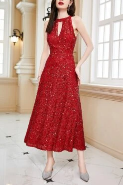 Elegant Non-stretch Solid Color Sequins Hollow Backless Zip-up Midi Dress Wholesale Sexy Dresses