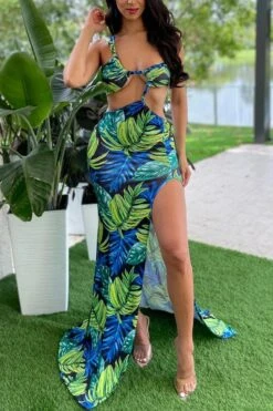 Sexy Plus Size Non-stretch Batch Printing High Slit Shirring Maxi Dress Wholesale