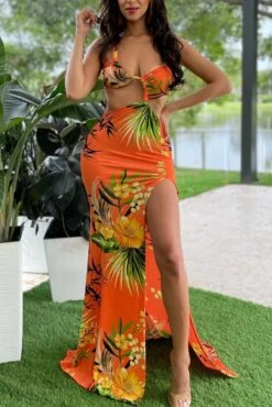 Sexy Plus Size Non-stretch Batch Printing High Slit Shirring Maxi Dress#1 Wholesale