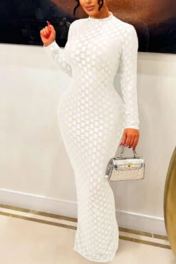 Sexy Plus Size Slight Stretch See Through Checkered Maxi Dress Wholesale