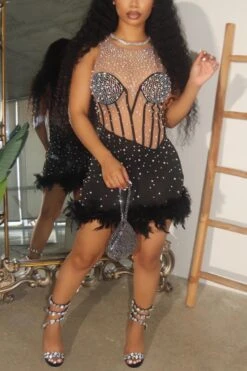 Sexy Plus Size Slight Stretch Rhinestone Pearl Decor Stitching Mesh Mini Dress Wholesale Mini Dresses