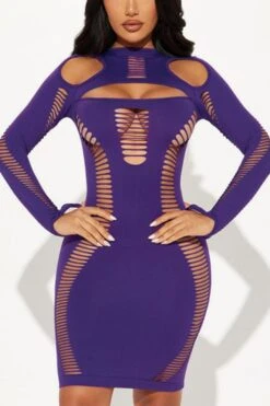 Sexy Slight Stretch Crew Neck Solid Color Hollow Slim Mini Dress Wholesale