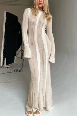 Sexy Slight Stretch Contrast Color Ribbed Knit Crew Neck Maxi Dress Wholesale