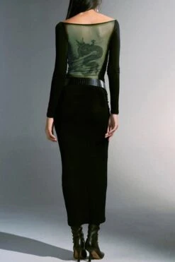 Sexy Slight Stretch Stitching Dragon Printing Mesh V-neck Midi Dress(no Belt) Wholesale