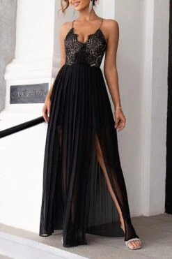 Sexy Non-stretch Sling Lace Slit Pleated Zip-up Maxi Dress Wholesale Sexy Dresses