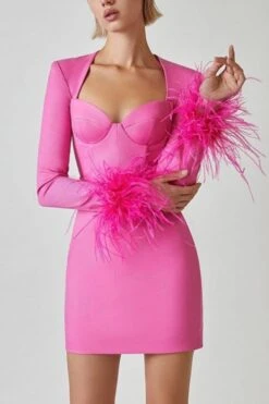 Sexy Slight Stretch Solid Color Square Neck Feather Decor Padded Mini Dress Wholesale