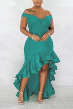 Sexy Plus Size Slight stretch Off-shoulder Zip-up Irregular Ruffle Maxi Dress Wholesale