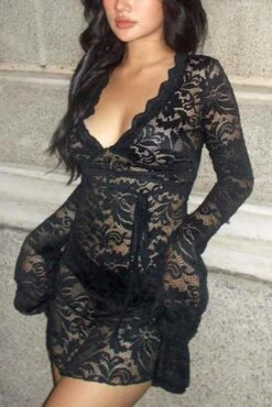 Solid Color Slight Stretch Lace See Through Sexy V-neck Irregular Mini Dress Wholesale