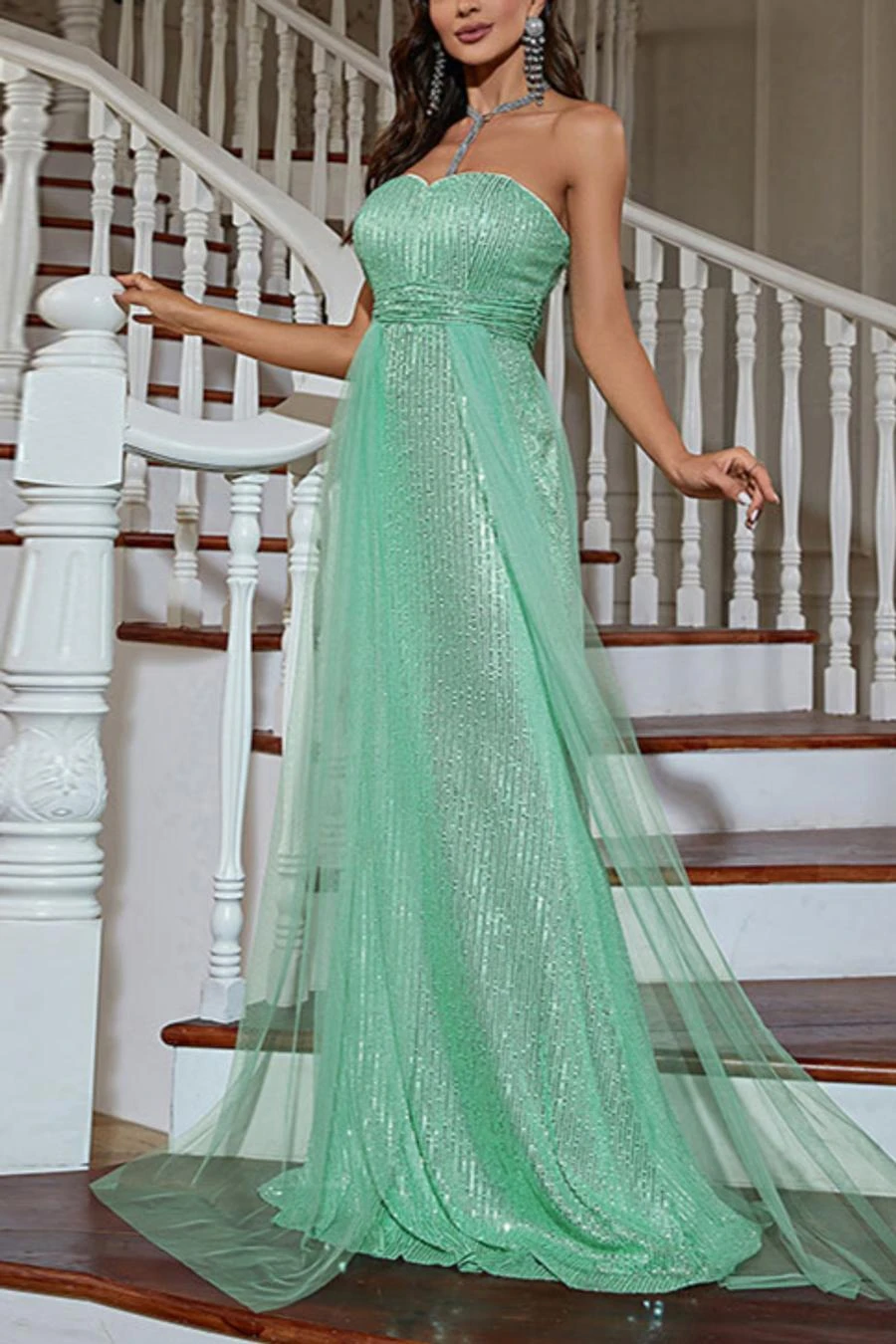 Elegant Slight Stretch Sequin Tube Design Mesh Mermaid Maxi Dress Wholesale - Image 2