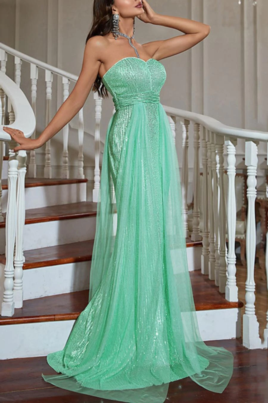 Elegant Slight Stretch Sequin Tube Design Mesh Mermaid Maxi Dress Wholesale - Image 3