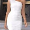 Sexy Slight stretch Solid Color One-shoulder Tight Shirring Zip-up Mini Dress Wholesale Bodycon Dresses