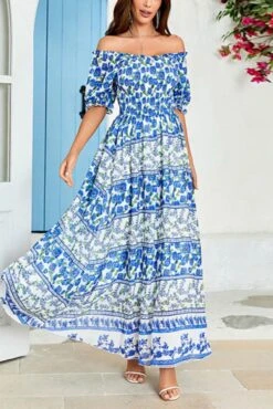 Casual Slight Stretch Flower Printing Off-shoulder Maxi Dress Wholesale Casual Dresses