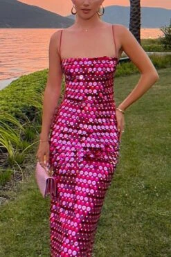 Sexy Slight Stretch Sequins Sling Slit With Lined Midi Dress Wholesale