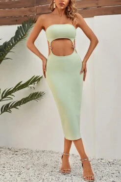 Sexy Slight Stretch Pure Color Tube Design Metallic Buckle Slit Midi Dress Wholesale