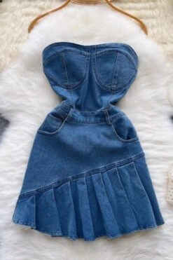 Sexy Slight Stretch Denim Solid Color Tube Design Mini Dress Wholesale