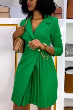 Sexy Plus Size Non-stretch Solid Color Suit Collar Pleated Mini Dress Wholesale